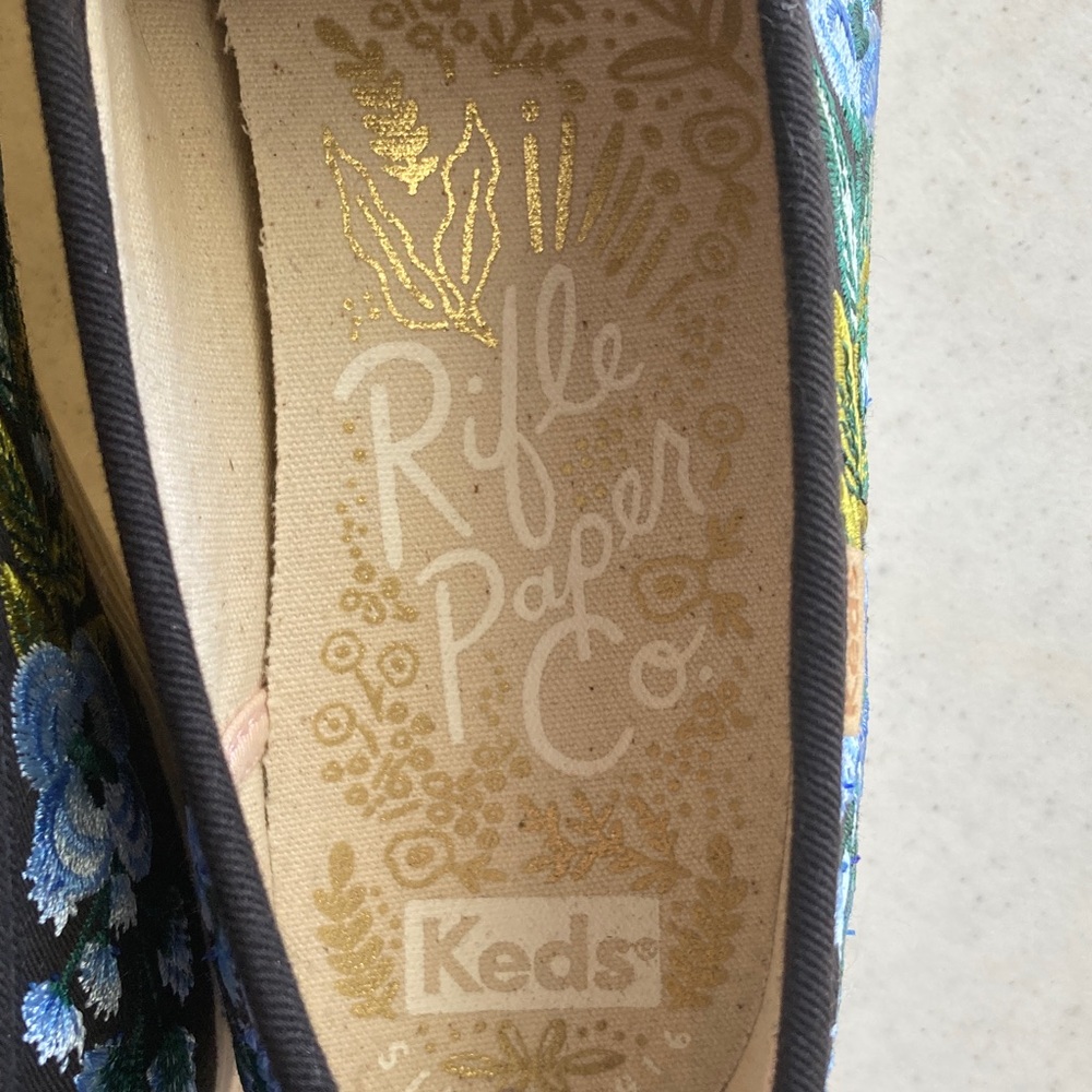 Rifle Paper Co. Keds Black Slip-On Sneakers with Blue Floral Embroidery - Picture 3 of 7